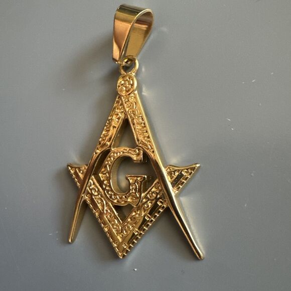 Men's Free Mason Stainless Steel Freemason Symbol Masonic Pendant Chain Gold - Picture 2 of 6
